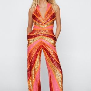 COPY - Nasty Gal Embellished Colorblock Plunge Wide Leg Jumpsuit